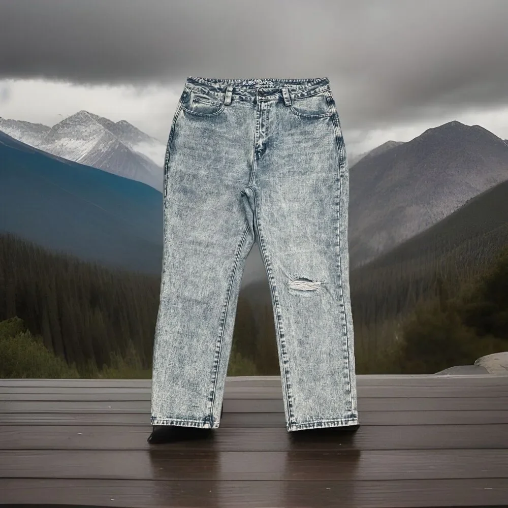 Rubberband Boyfriend Jeans 11/12 (32x26) Blue Stonewash Distressed Denim Juniors